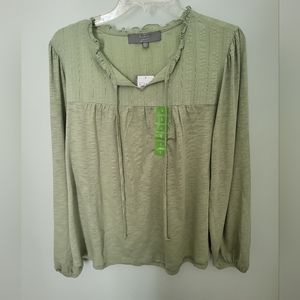 Smocked Woven Women Size Large Top Shirt Green V Neck Flowy Peasant Sleeve‎ New